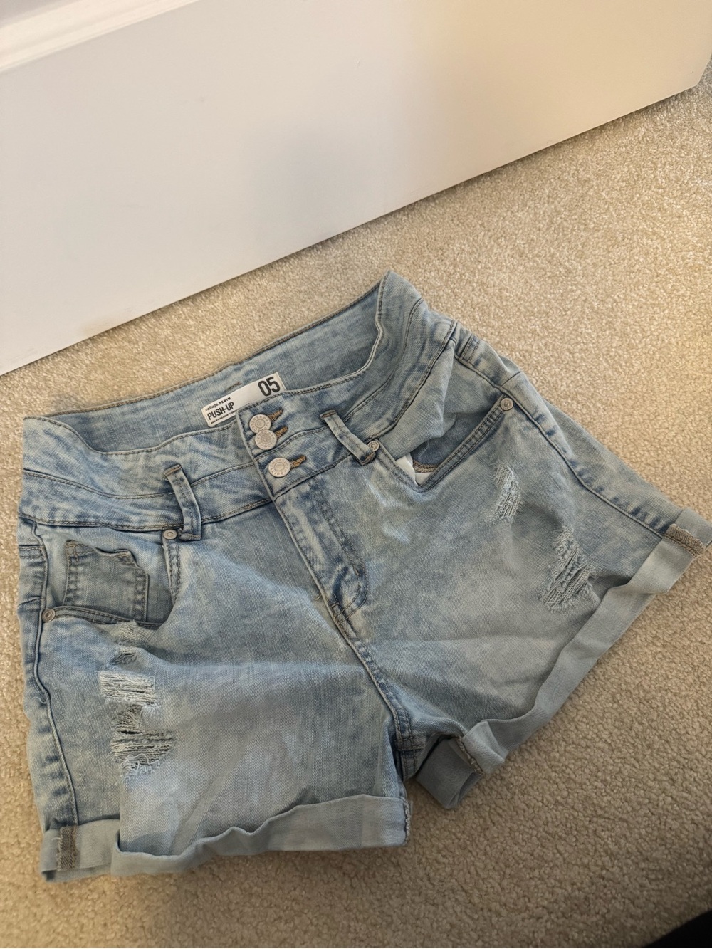 refuge Light Blue Distressed Push Up Denim Shorts